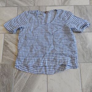 Flax Blue and White Checkered Blouse Medium 100% Linen